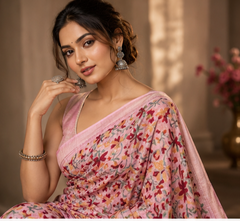 Pure Pink Block Printed Maheshwari Border Silk Saree