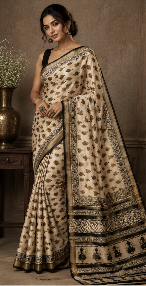Pure Cream Block Print Maheshwari Border Silk Saree