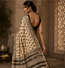 Pure Cream Block Print Maheshwari Border Silk Saree