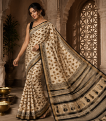 Pure Cream Block Print Maheshwari Border Silk Saree