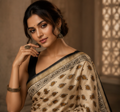 Pure Cream Block Print Maheshwari Border Silk Saree