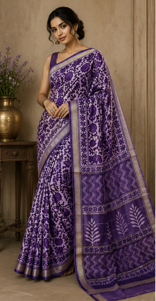 Pure Purple Block Print Maheshwari Border Silk Saree