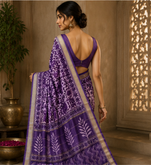 Pure Purple Block Print Maheshwari Border Silk Saree
