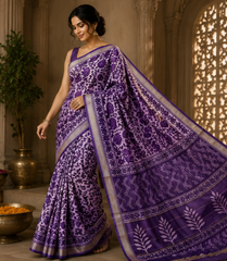 Pure Purple Block Print Maheshwari Border Silk Saree