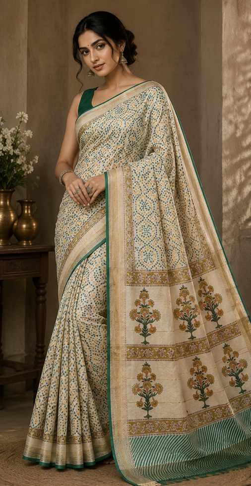 Pure CHIKU Handblock Print Maheshwari Border Silk Saree