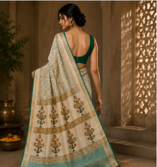 Pure CHIKU Handblock Print Maheshwari Border Silk Saree