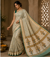 Pure CHIKU Handblock Print Maheshwari Border Silk Saree