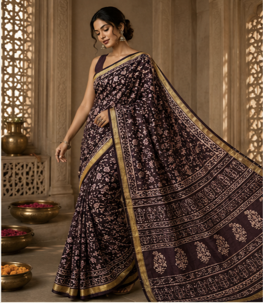 Pure Wine Handblock Print Maheshwari Border Silk Saree