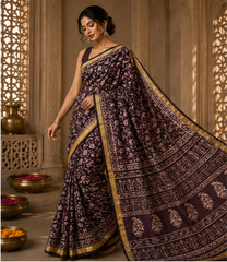 Pure Wine Handblock Print Maheshwari Border Silk Saree