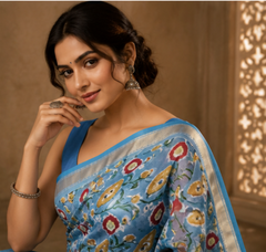 Pure Sky Blue Block Print Maheshwari Border Silk Saree