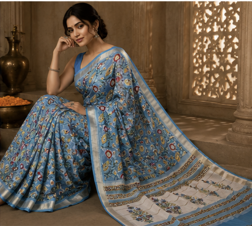 Pure Sky Blue Block Print Maheshwari Border Silk Saree