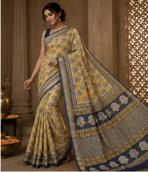 Pure Yellow Handblock Print Maheshwari Border Silk Saree