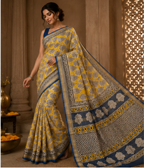 Pure Yellow Handblock Print Maheshwari Border Silk Saree