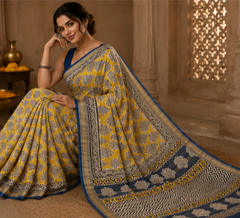 Pure Yellow Handblock Print Maheshwari Border Silk Saree