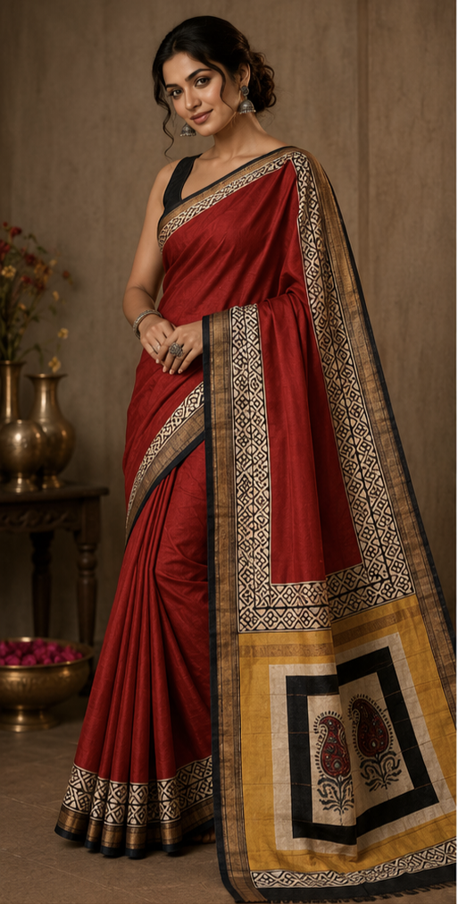 Pure Red Carrie Handblock Print Maheshwari Border Silk Saree
