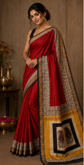 Pure Red Carrie Handblock Print Maheshwari Border Silk Saree