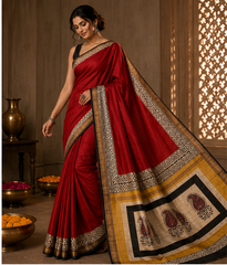 Pure Red Carrie Handblock Print Maheshwari Border Silk Saree