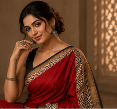 Pure Red Carrie Handblock Print Maheshwari Border Silk Saree