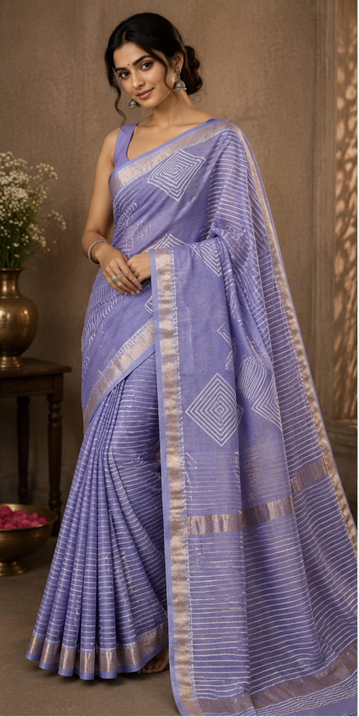 Pure Shade of Purple Block Print Maheshwari Border Silk Saree