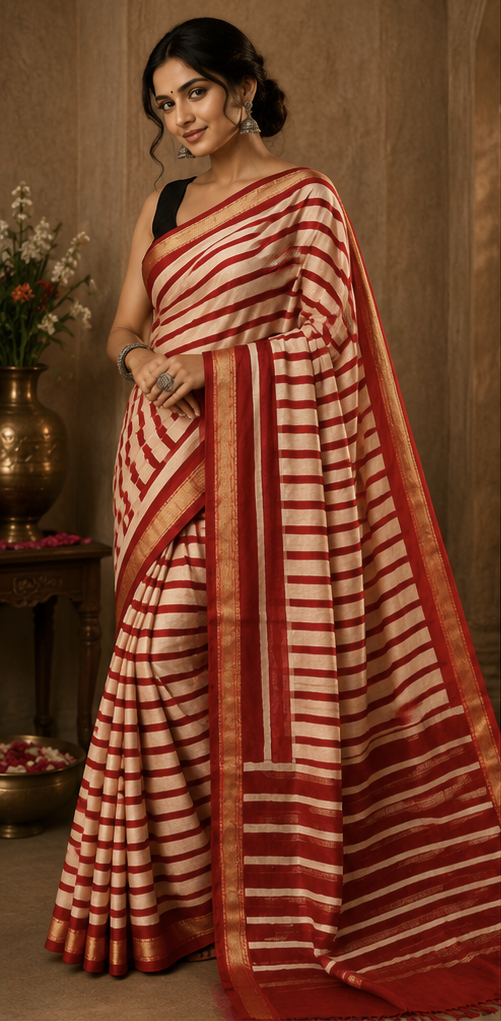 Pure Red Zebra Block Print Maheshwari Border Silk Saree
