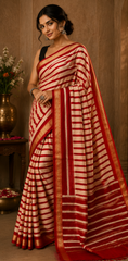 Pure Red Zebra Block Print Maheshwari Border Silk Saree