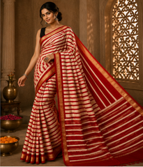 Pure Red Zebra Block Print Maheshwari Border Silk Saree