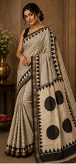 Pure Black Polka Handblock Print Maheshwari Border Silk Saree