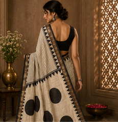 Pure Black Polka Handblock Print Maheshwari Border Silk Saree