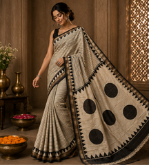 Pure Black Polka Handblock Print Maheshwari Border Silk Saree