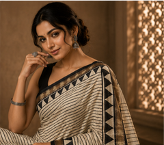 Pure Black Polka Handblock Print Maheshwari Border Silk Saree