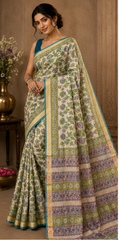 Pure Green Flowers Block Print Maheshwari Border Silk Saree