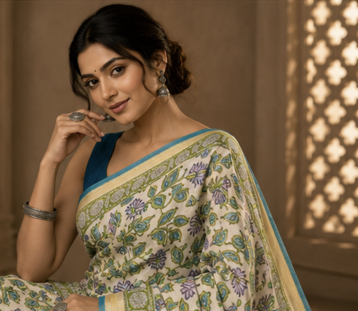 Pure Green Flowers Block Print Maheshwari Border Silk Saree