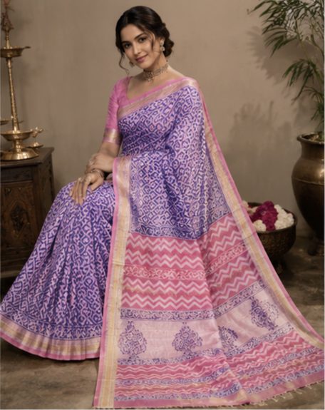 Pure Purple Pink Combo Block Print Maheshwari Border Silk Saree