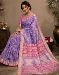 Pure Purple Pink Combo Block Print Maheshwari Border Silk Saree