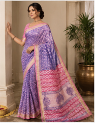 Pure Purple Pink Combo Block Print Maheshwari Border Silk Saree