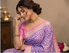 Pure Purple Pink Combo Block Print Maheshwari Border Silk Saree