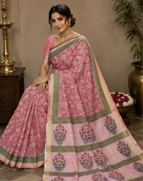 Pure Pink Flowers Block Print Maheshwari Border Silk Saree