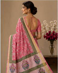 Pure Pink Flowers Block Print Maheshwari Border Silk Saree