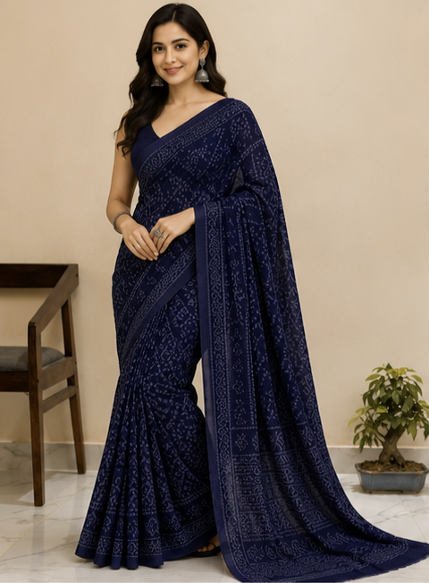 Pure Navy Handblock Print Chiffon Saree