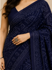 Pure Navy Handblock Print Chiffon Saree