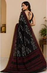 Pure Black Flower Handblock Print Chiffon Saree