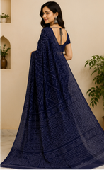 Pure Navy Handblock Print Chiffon Saree