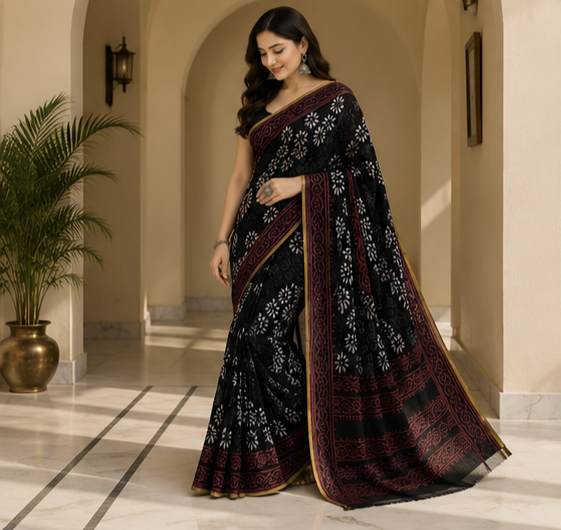 Pure Black Flower Handblock Print Chiffon Saree