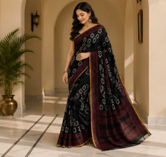 Pure Black Flower Handblock Print Chiffon Saree