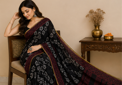 Pure Black Flower Handblock Print Chiffon Saree