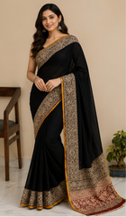 Pure Black Handblock Print Chiffon Saree
