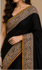 Pure Black Handblock Print Chiffon Saree