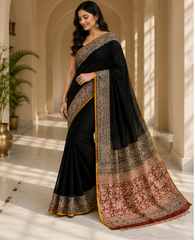 Pure Black Handblock Print Chiffon Saree