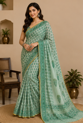 Pure Green Handblock Print Chiffon Saree