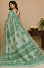 Pure Green Handblock Print Chiffon Saree